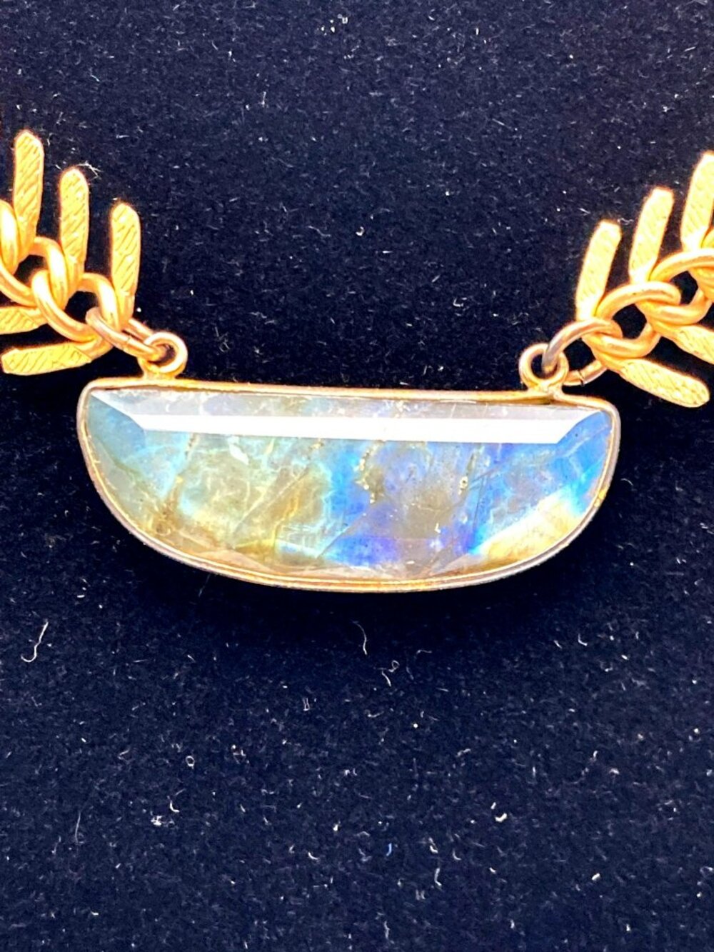 Swara Labradorite Necklace Fishbone Artisan Handmade Brass 14k Gold Plated - Picture 2 of 7
